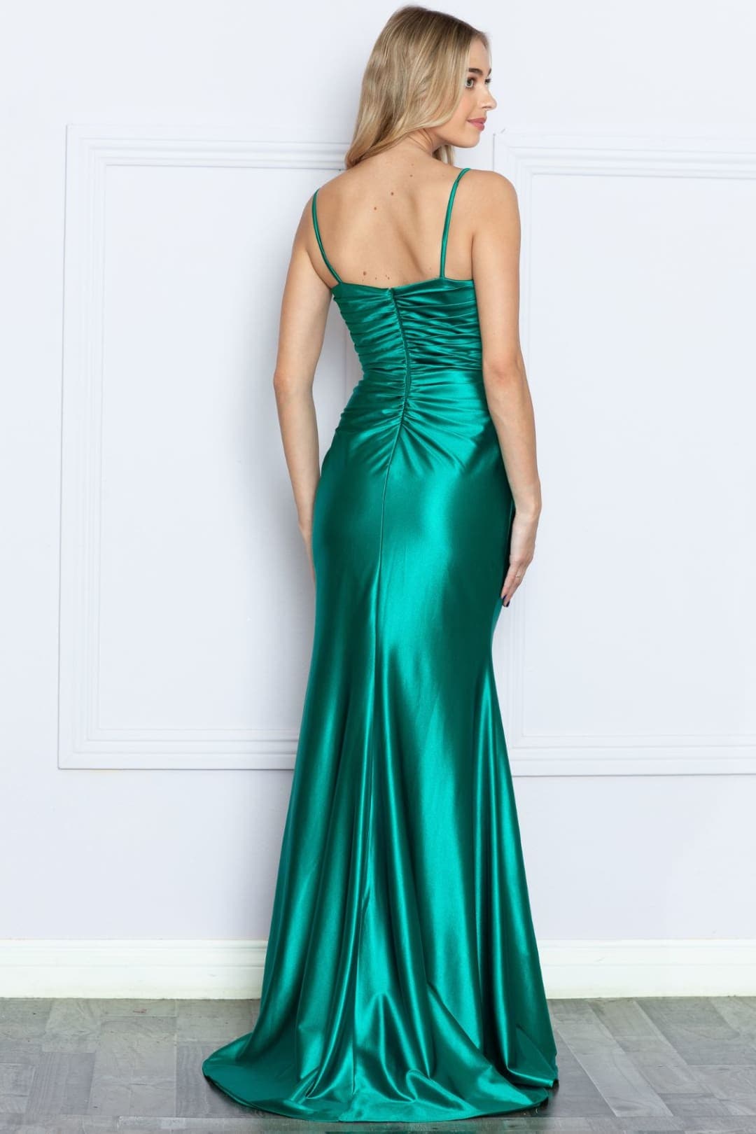 Poly USA 9254 Pleated Bodice Spaghetti Straps Stretchy Prom Gown
