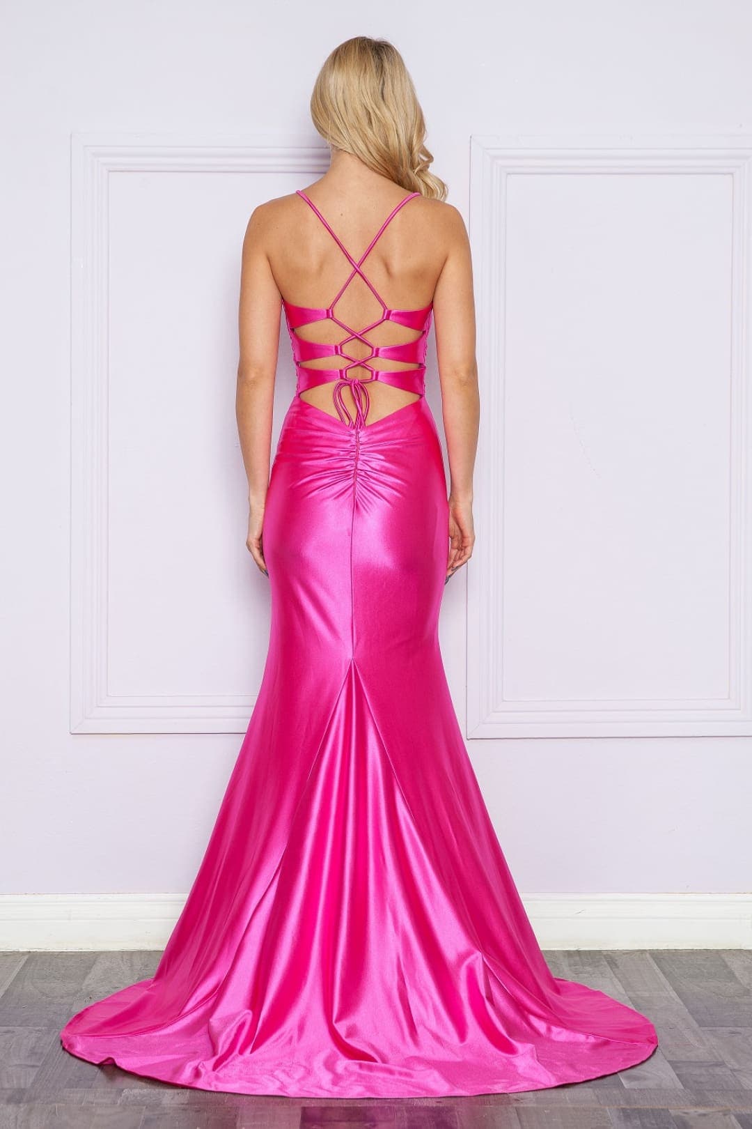 Poly USA 9256 V-neck Cut Out Back Satin Stretchy Evening Formal Gown