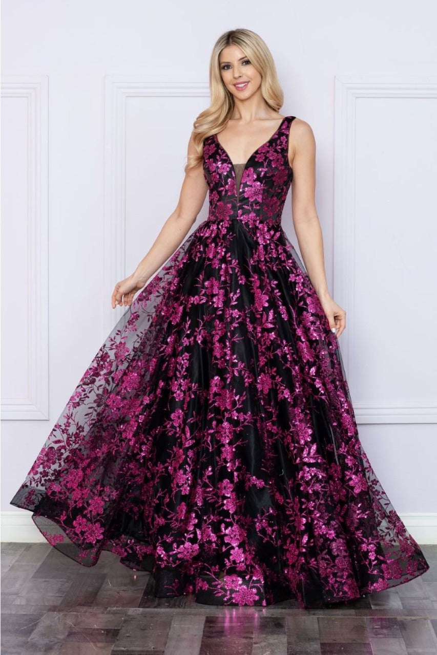 Poly USA 9298 Sleeveless Floral Glitter Print A-Line Evening Prom Gown