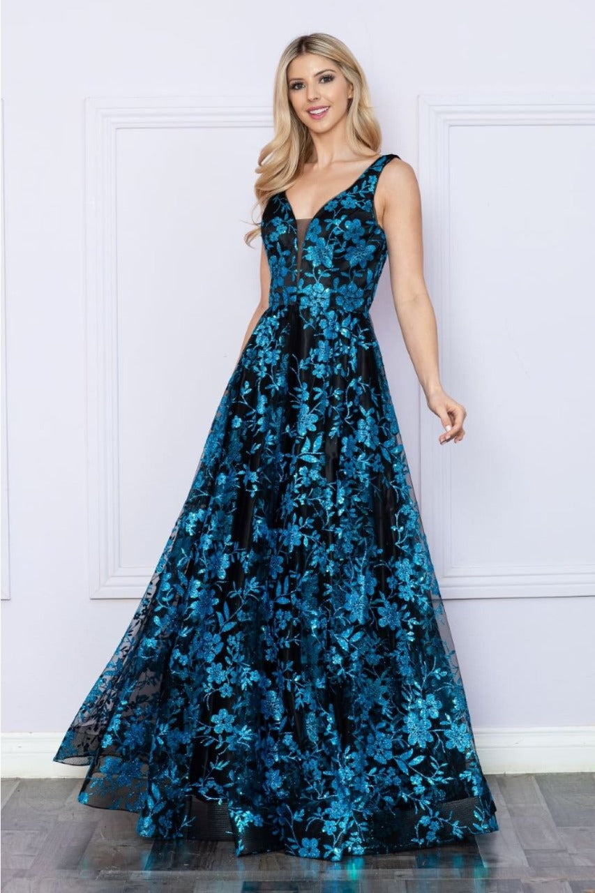 Poly USA 9298 Sleeveless Floral Glitter Print A-Line Evening Prom Gown
