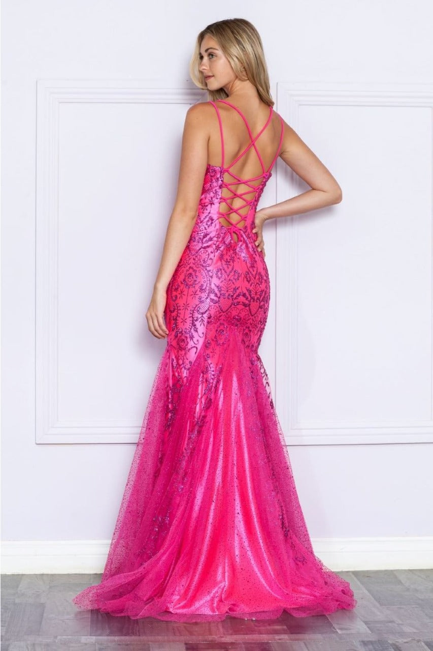 Poly USA 9306 Double Spaghetti Strap Glitter Print Mermaid Prom Gown