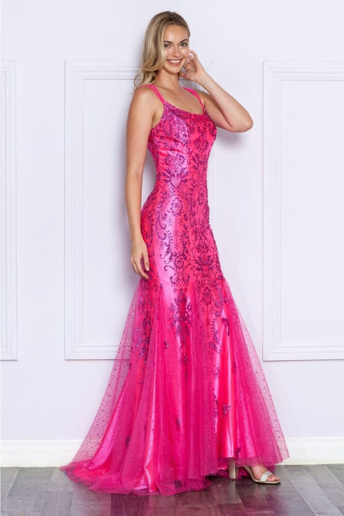 Poly USA 9306 Double Spaghetti Strap Glitter Print Mermaid Prom Gown