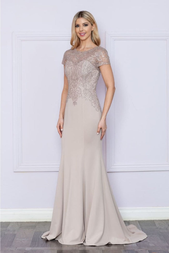 Poly USA 9320 Short Sleeve Beaded Mother Of The Bride Long Gown