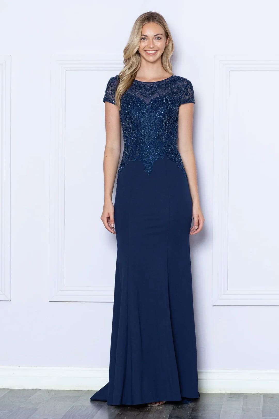 Poly USA 9320 Short Sleeve Beaded Mother Of The Bride Long Gown