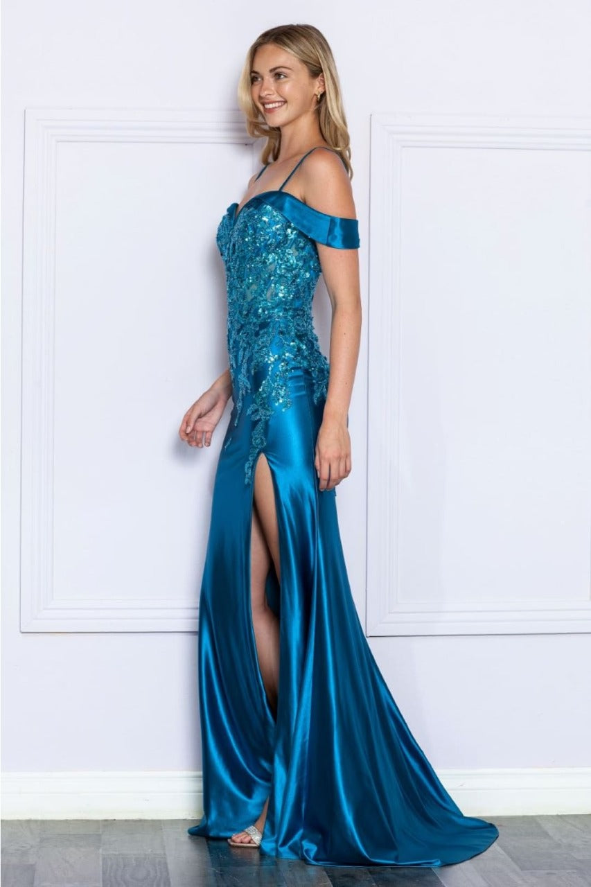 Poly USA 9350 Cold Shoulder Corset Bone Embroidered Prom Dress