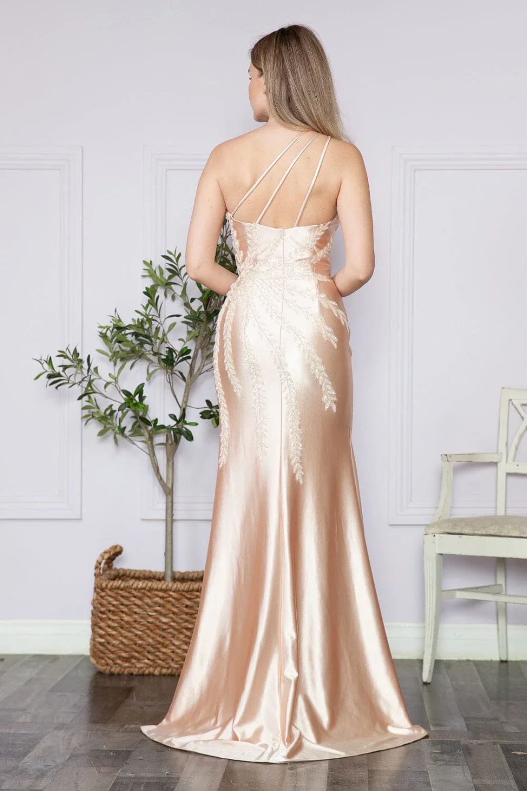 Poly USA 9358 One-Shoulder Embroidery Beaded Long Evening Dress