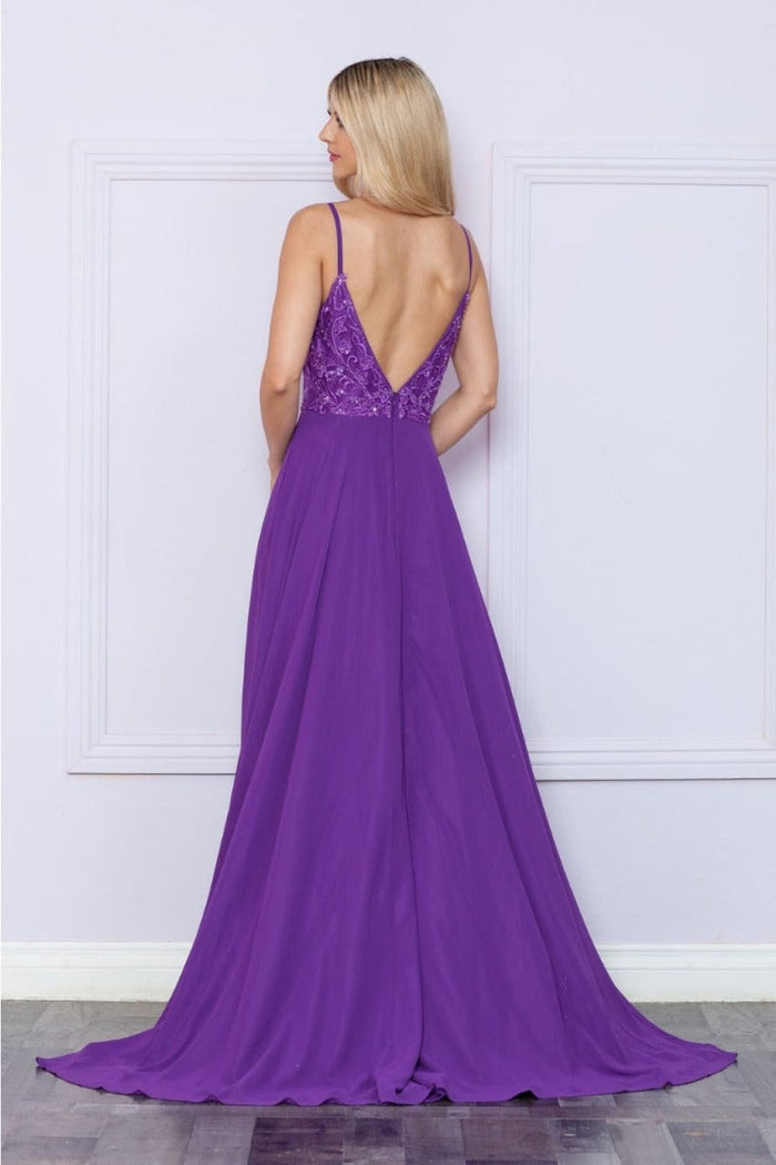 Poly USA 9368 Sleeveless Embroidered V- Neck Side Slit Formal Dress