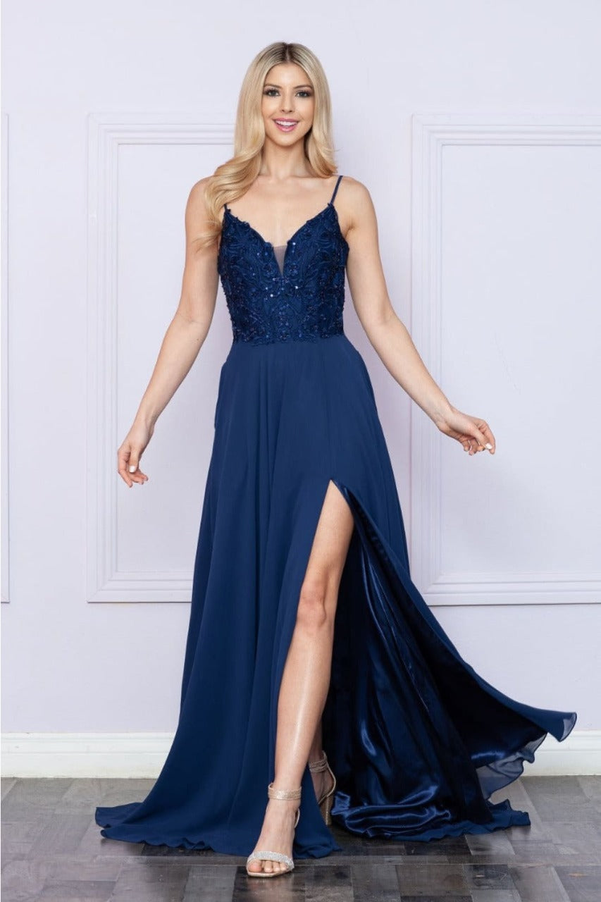 Poly USA 9368 Sleeveless Embroidered V- Neck Side Slit Formal Dress