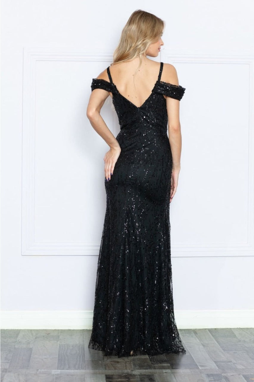 Poly USA 9384 Cold Shoulder Glitter Black Formal Gown