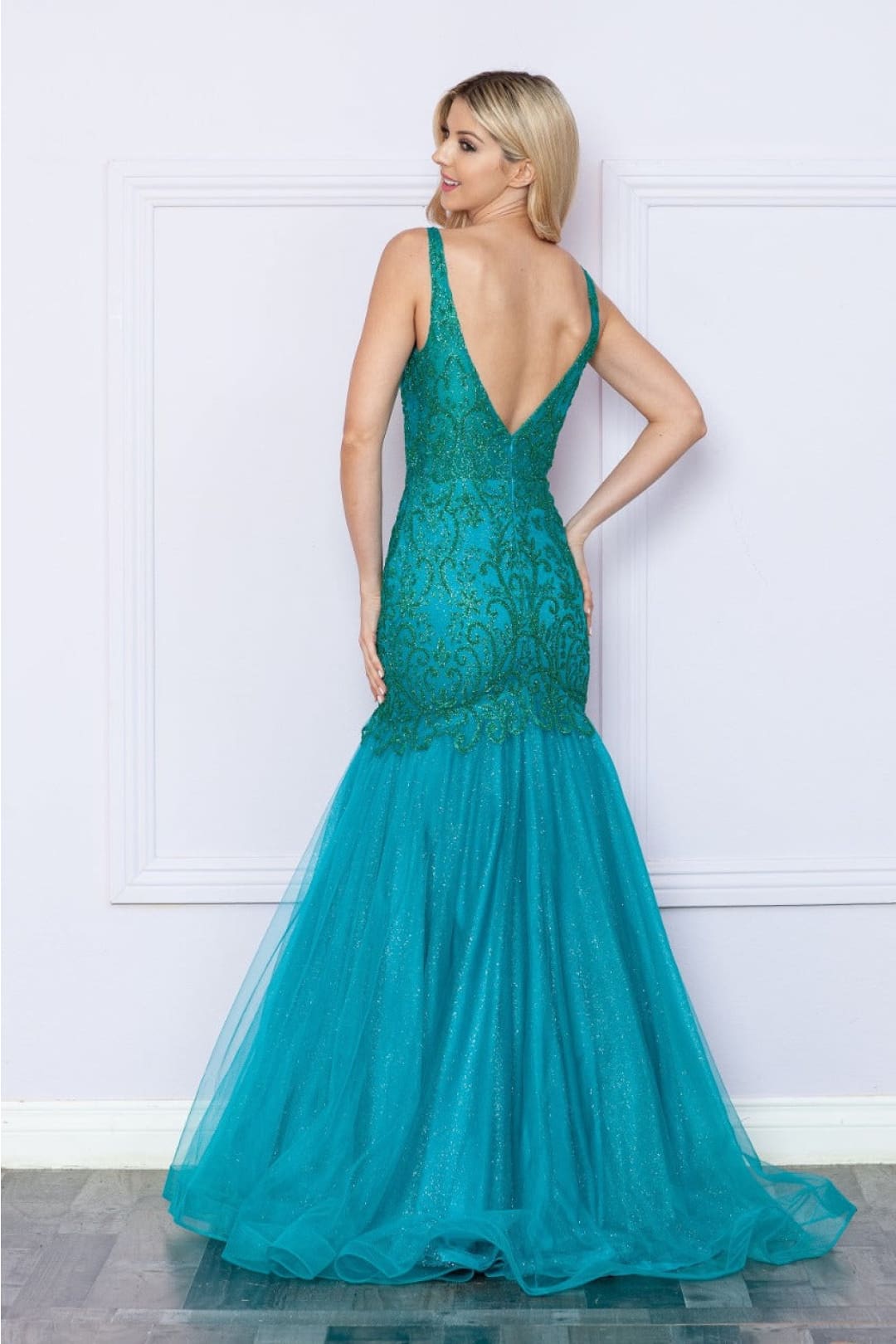 Poly USA 9388 Sleeveless Glitter Mermaid V-Neck Prom Gown