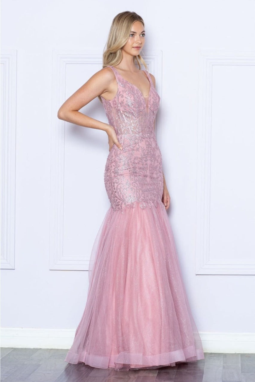 Poly USA 9388 Sleeveless Glitter Mermaid V-Neck Prom Gown