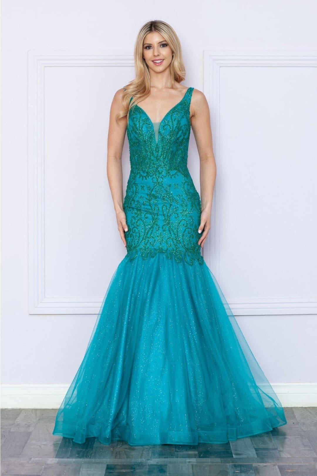 Poly USA 9388 Sleeveless Glitter Mermaid V-Neck Prom Gown