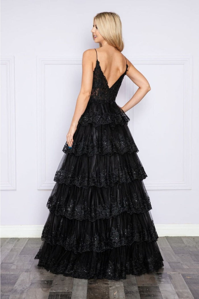 Poly USA 9402 Sleeveless Sheer Bodice Layered Embellished Evening Gown
