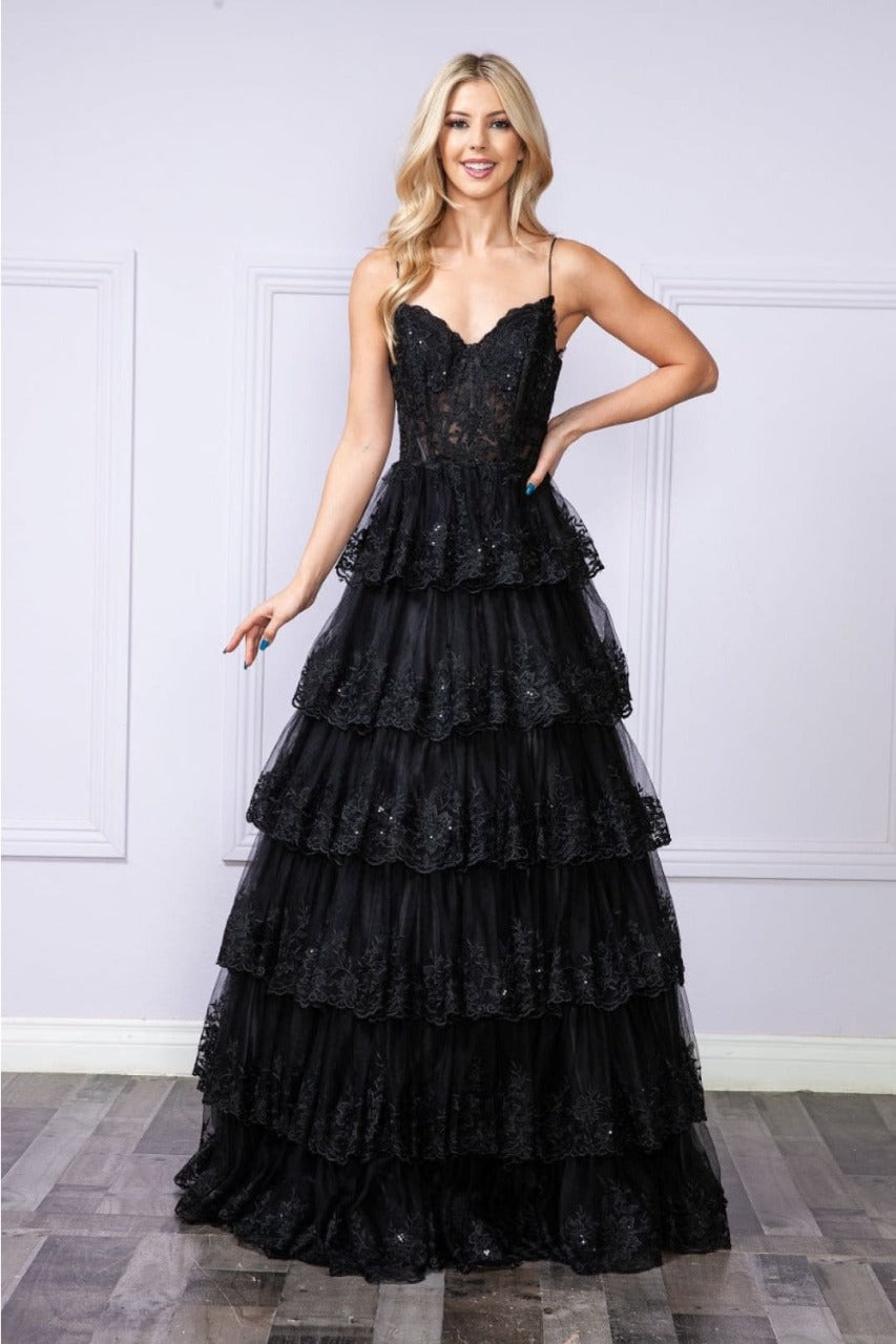 Poly USA 9402 Sleeveless Sheer Bodice Layered Embellished Evening Gown