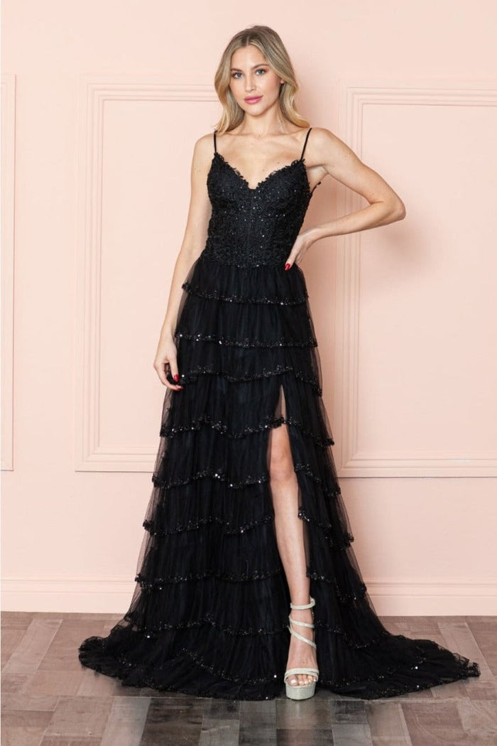 Poly USA 9404 Embellished Bodice Sleeveless Ruffle Slit Evening Dress