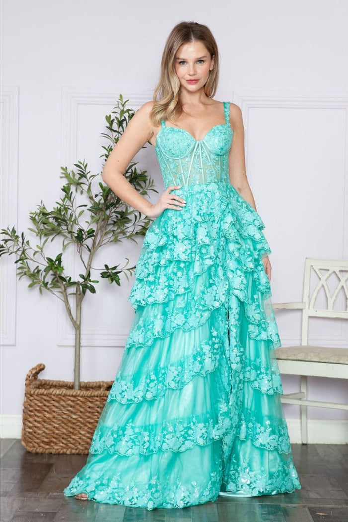 Poly USA 9410 Corset Floral Lace Embroidered Ruffle Prom Gown