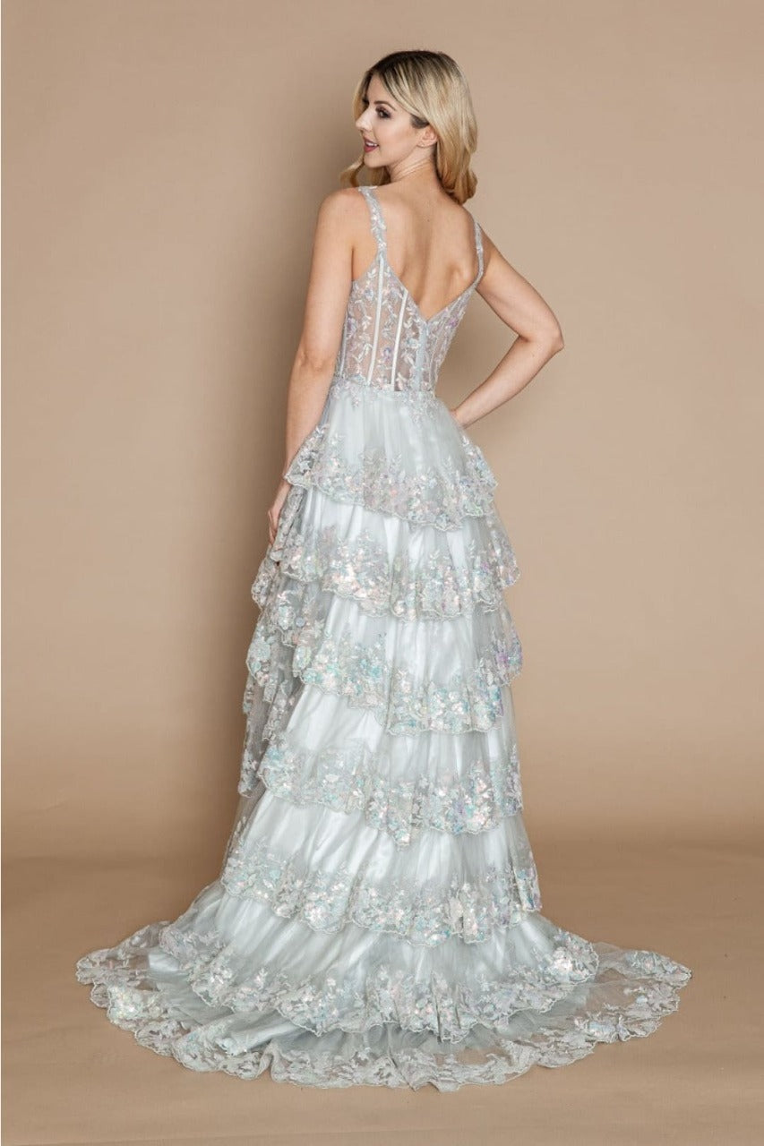 Poly USA 9410 Corset Floral Lace Embroidered Ruffle Prom Gown