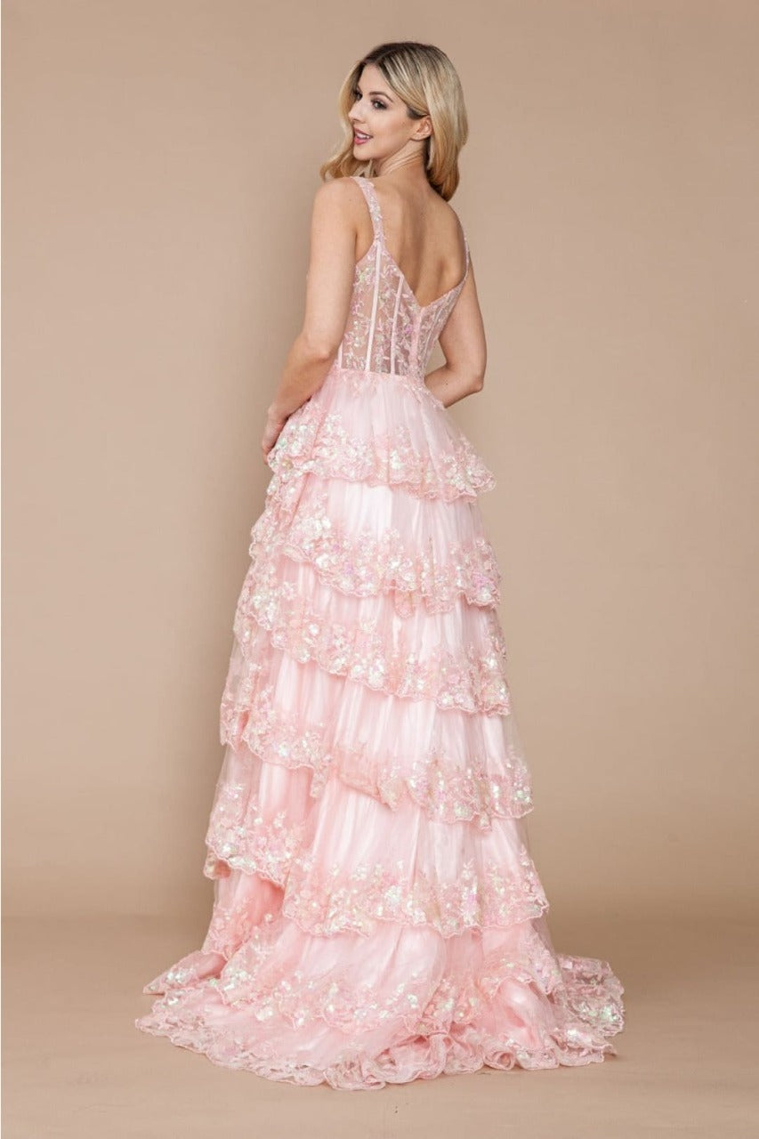 Poly USA 9410 Corset Floral Lace Embroidered Ruffle Prom Gown