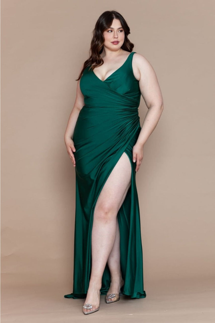 Poly USA W1114 Sleeveless Wide Strap Ruched V-Open Back Evening Dress