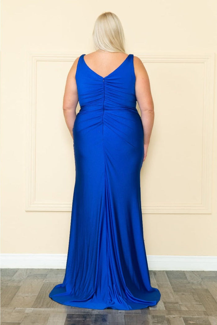 Poly USA W1114 Sleeveless Wide Strap Ruched V-Open Back Evening Dress