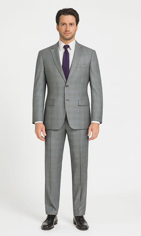 Pompey Collection - Men's Glen Plaid Dress Suit 2 Piece Regular Fit in Gray