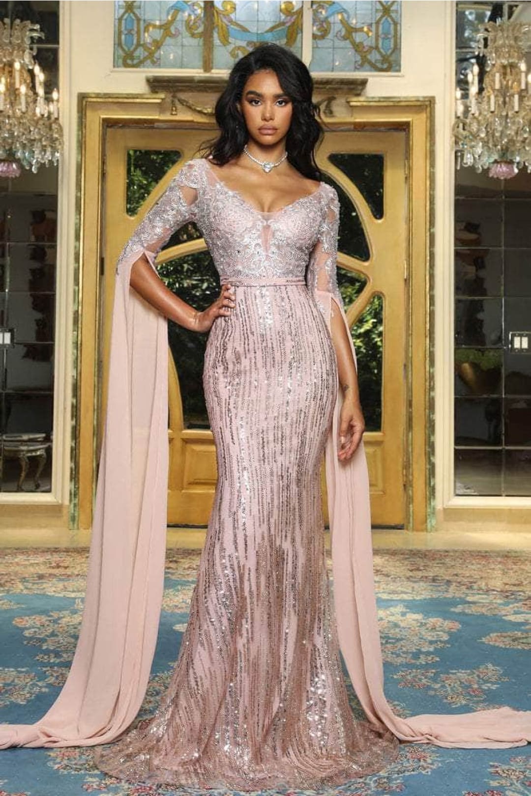 Portia and Scarlett PS22168 -long- Bat Sleeved Embellished Mermaid Gown for a Unique Silhouette