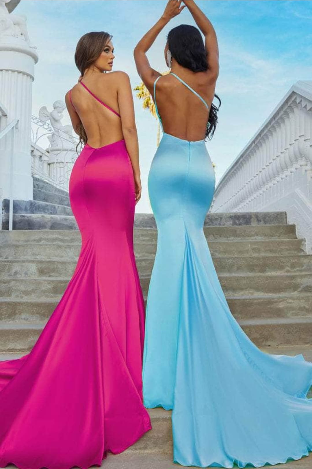 Portia and Scarlett PS22358 -long- Asymmetric Neck Trumpet Gown with Train for a Striking Entrance
