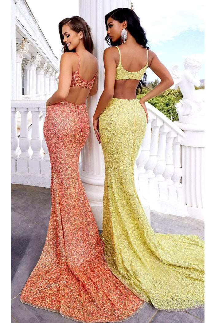 Portia and Scarlett PS22442C -long- Spaghetti Strap Cutout Sequin Gown for a Chic Look