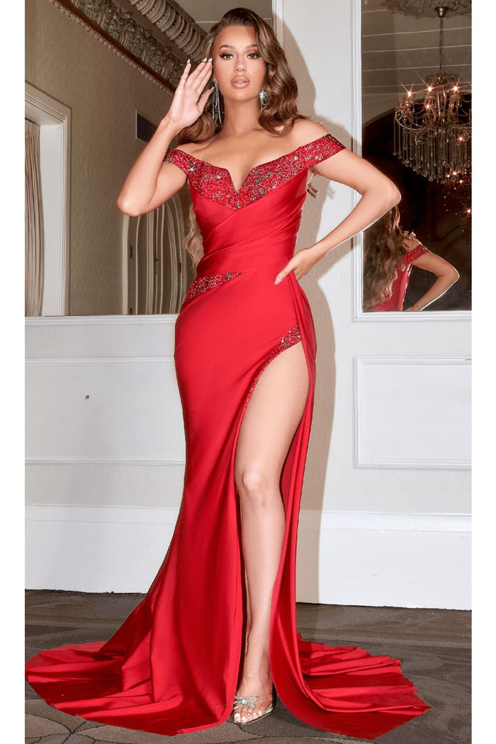 Portia and Scarlett PS22570 -long- Pleated Off-Shoulder Formal Gown for Elegant Styling