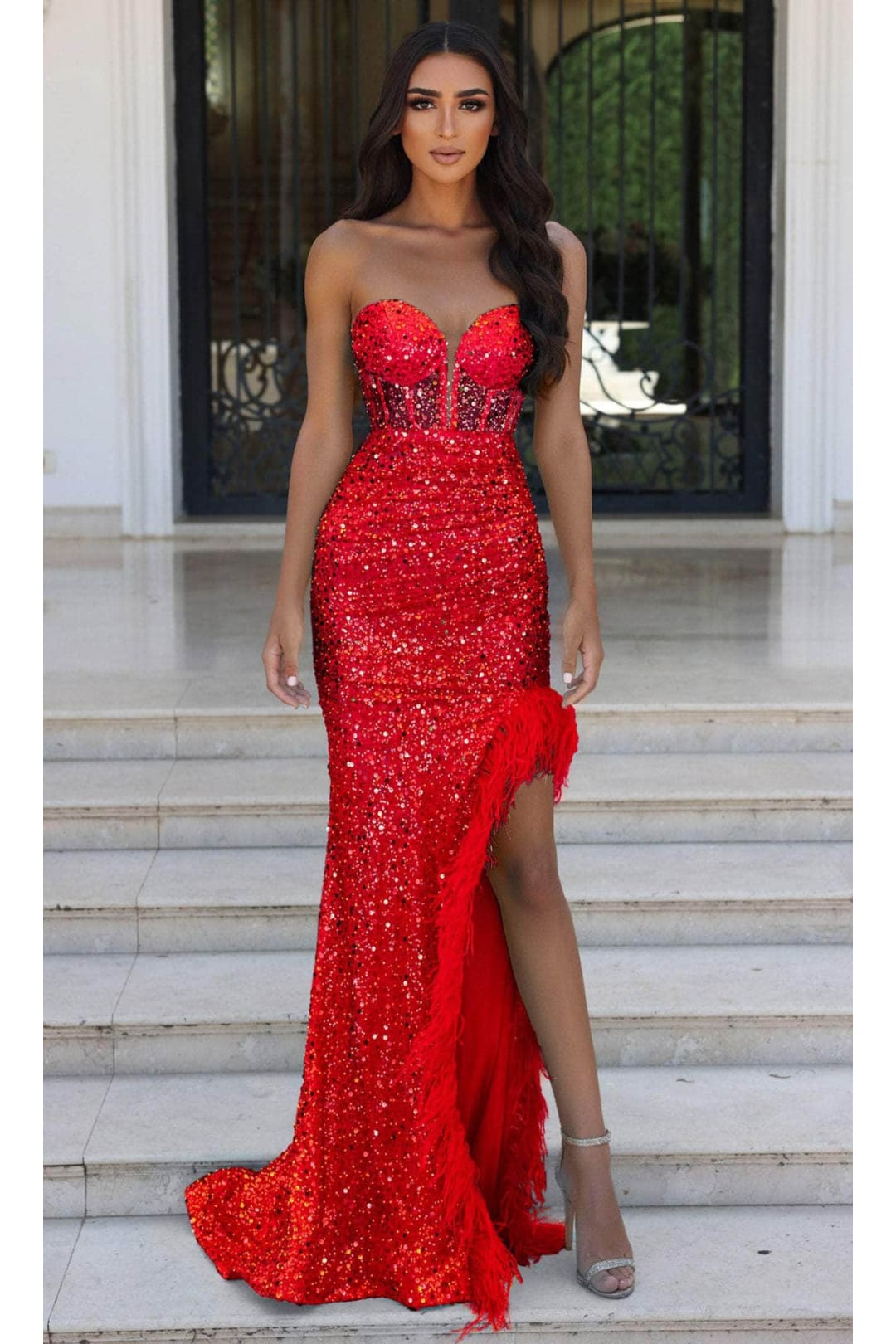 Portia and Scarlett PS23029 -long- Corset Evening Gown with Feather Slit