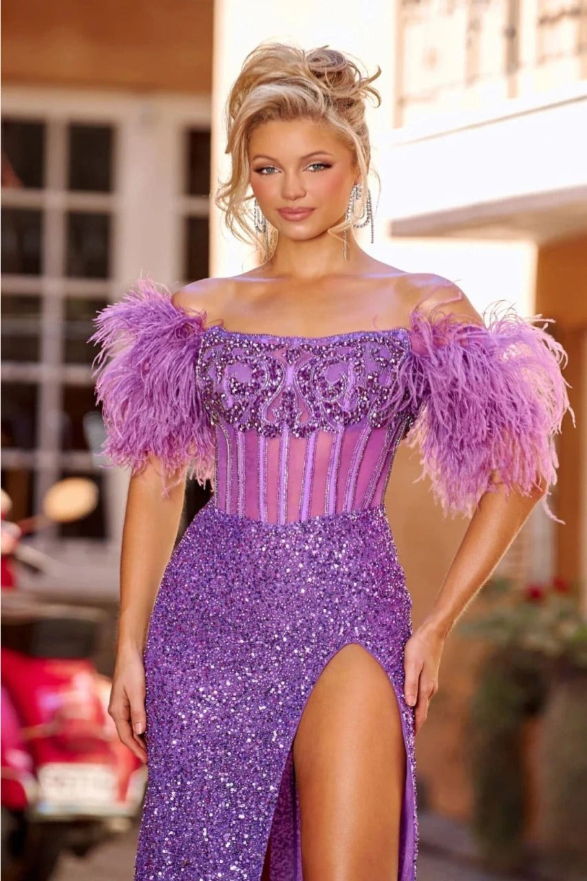 Portia and Scarlett PS23741C Off-Shoulder Feather Fringe Evening Gown