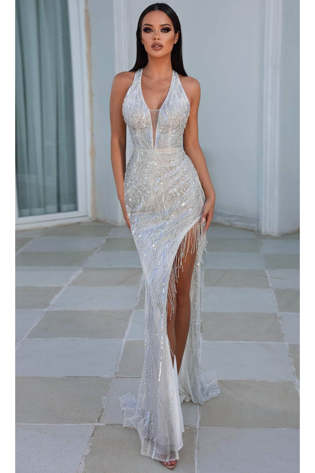 Portia and Scarlett PS23964 - Long -Dress with Sheer V-Neck