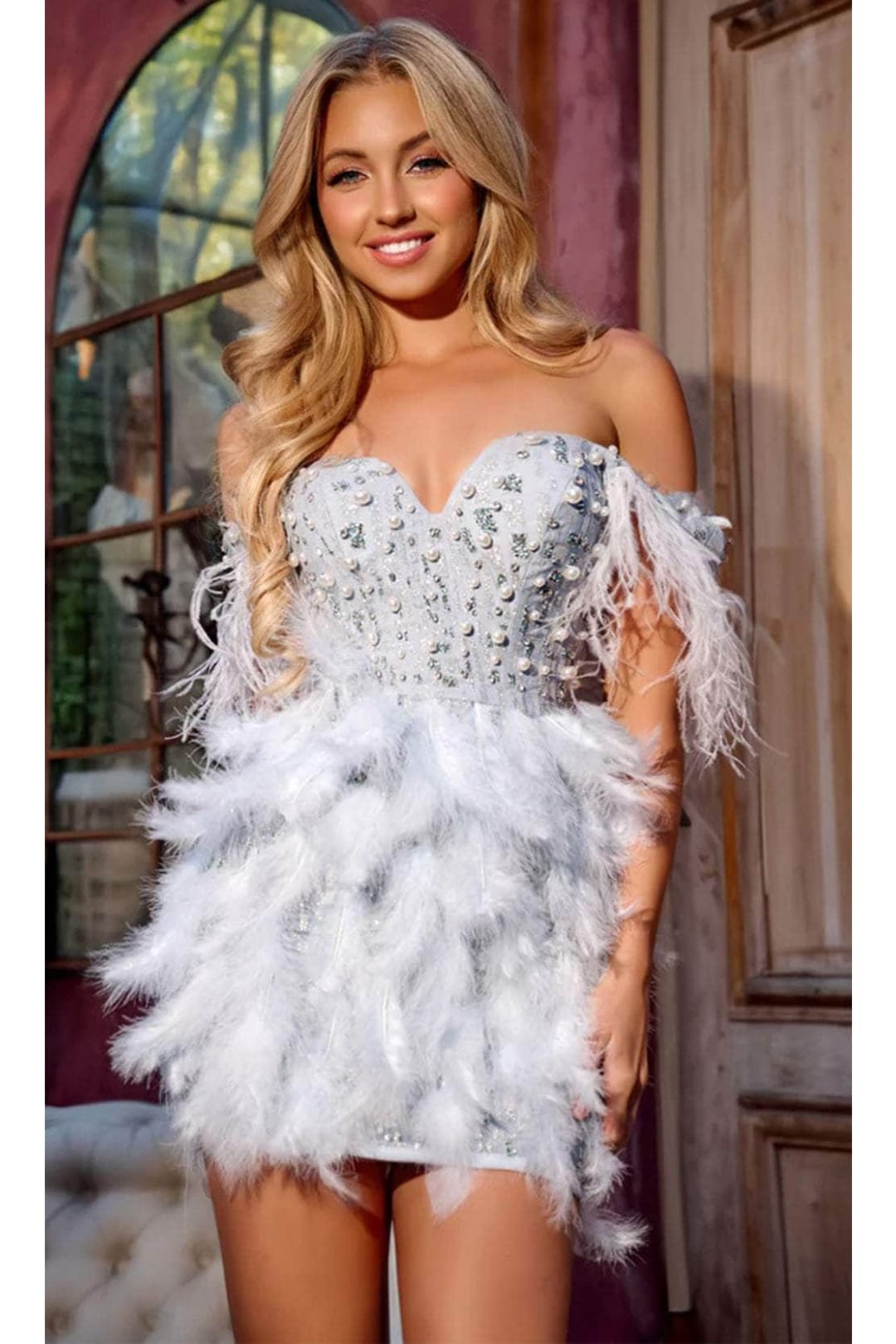 Portia and Scarlett PS24023 -short- Sweetheart Cocktail Dress with Feather Accents