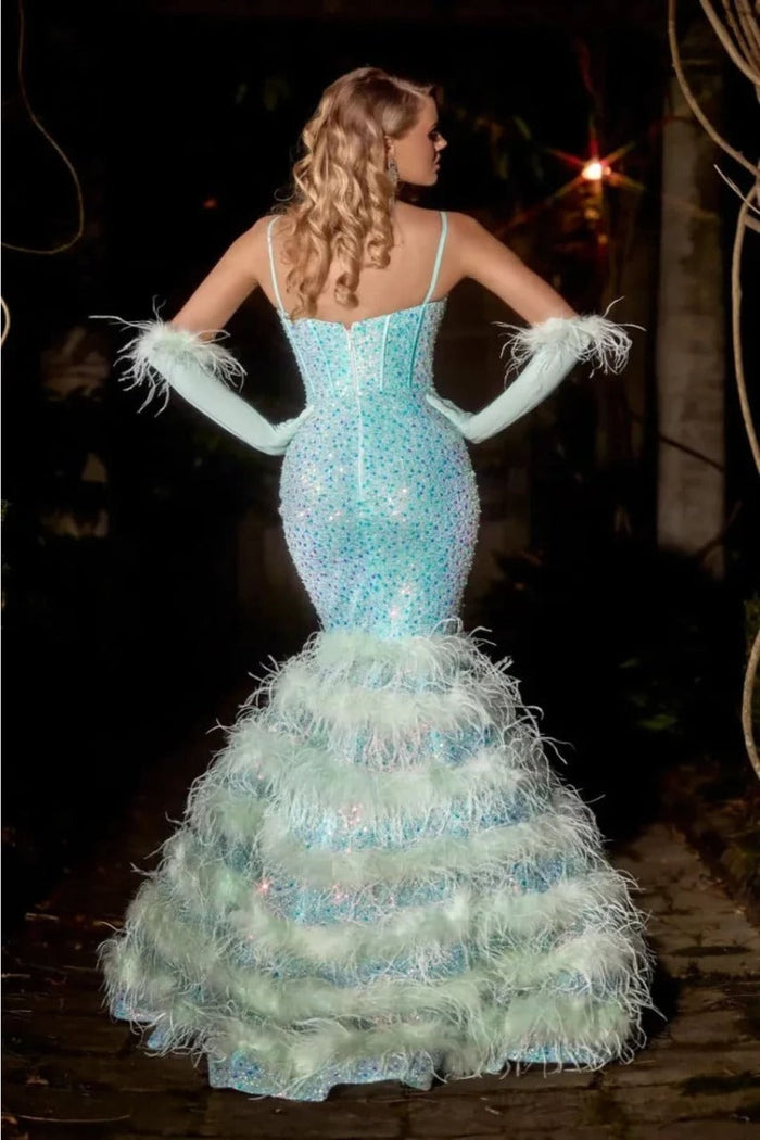 Portia and Scarlett PS24037 Fitted Sequin Mermaid Feather Prom Dress