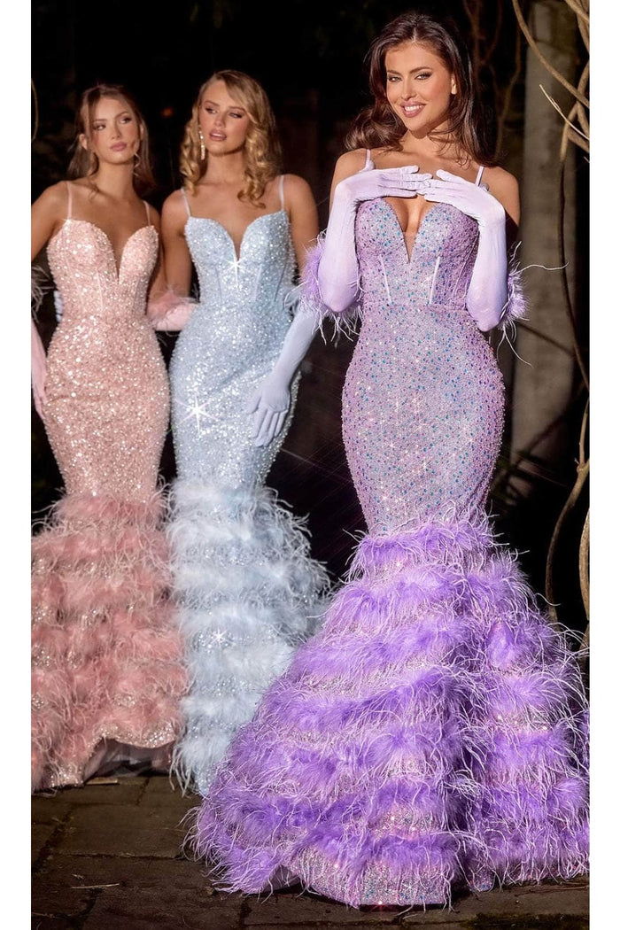 Portia and Scarlett PS24037 -long- Trumpet Prom Dress with Feather Details