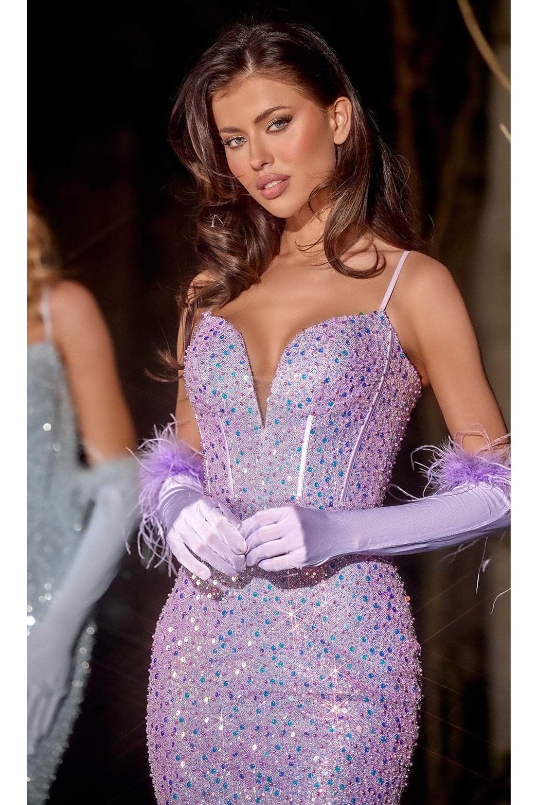 Portia and Scarlett PS24037 -long- Trumpet Prom Dress with Feather Details