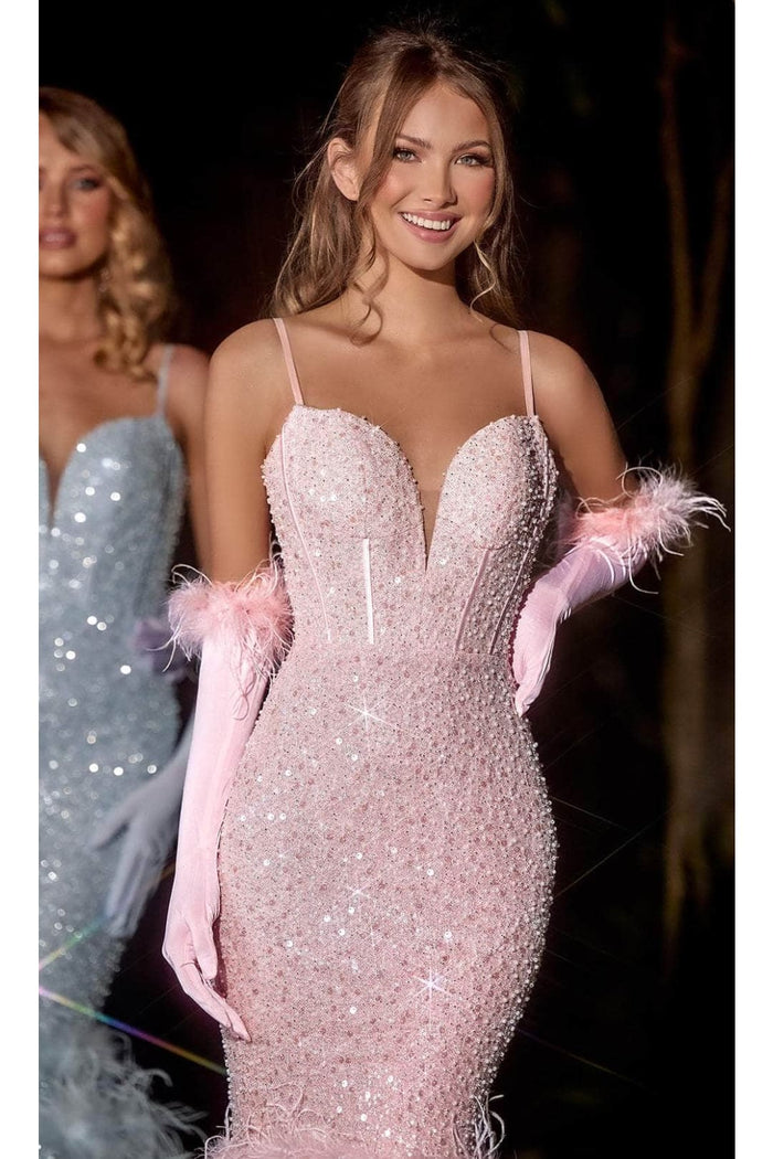 Portia and Scarlett PS24037 -long- Trumpet Prom Dress with Feather Details