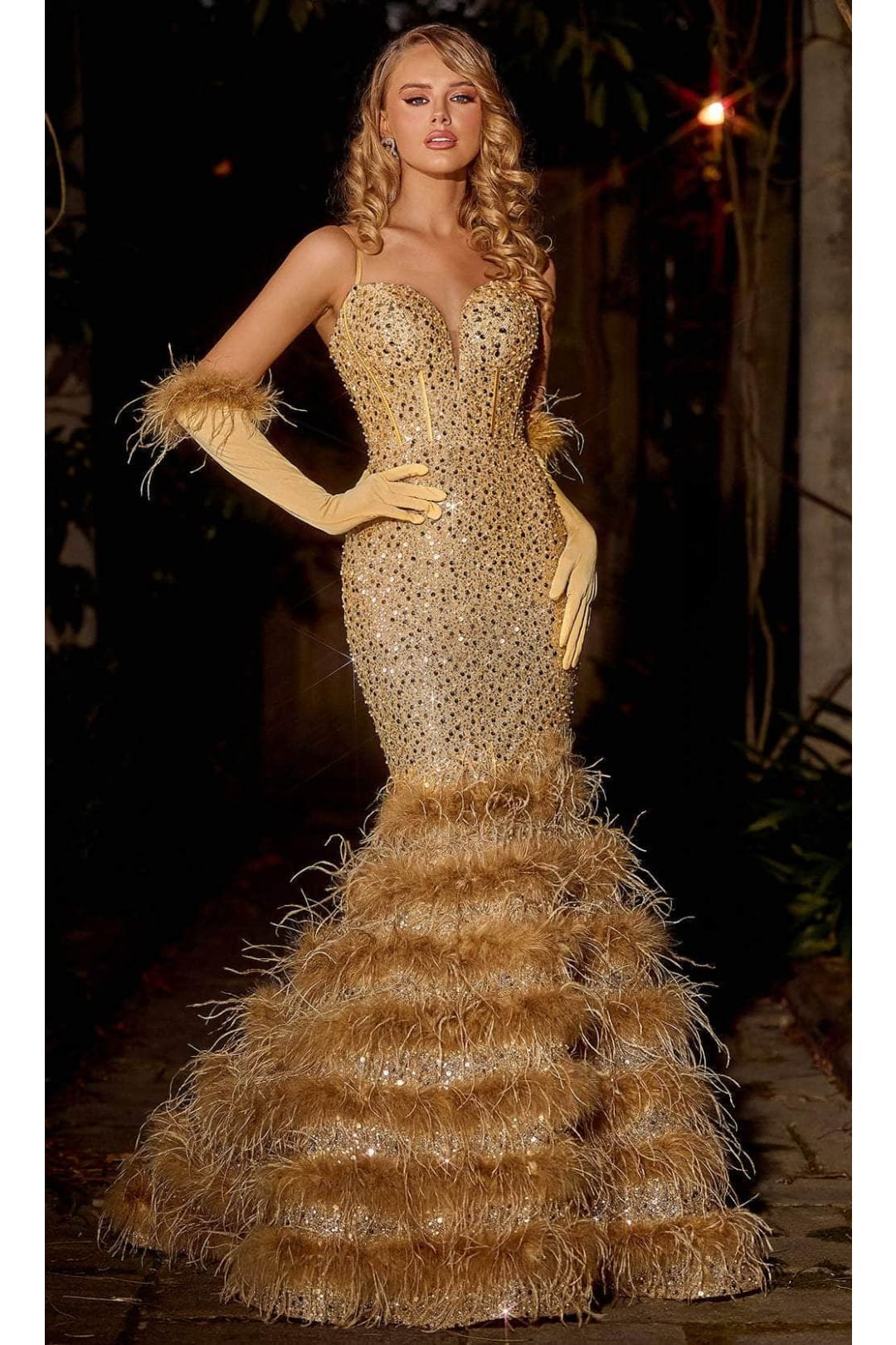 Portia and Scarlett PS24037 -long- Trumpet Prom Dress with Feather Details