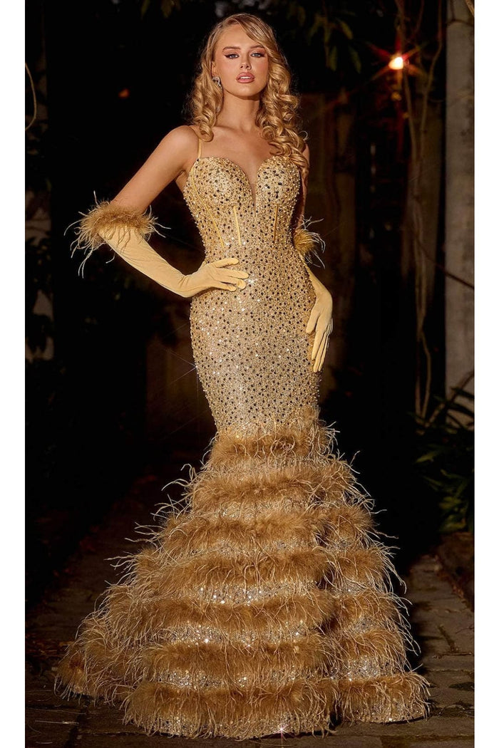 Portia and Scarlett PS24037 -long- Trumpet Prom Dress with Feather Details