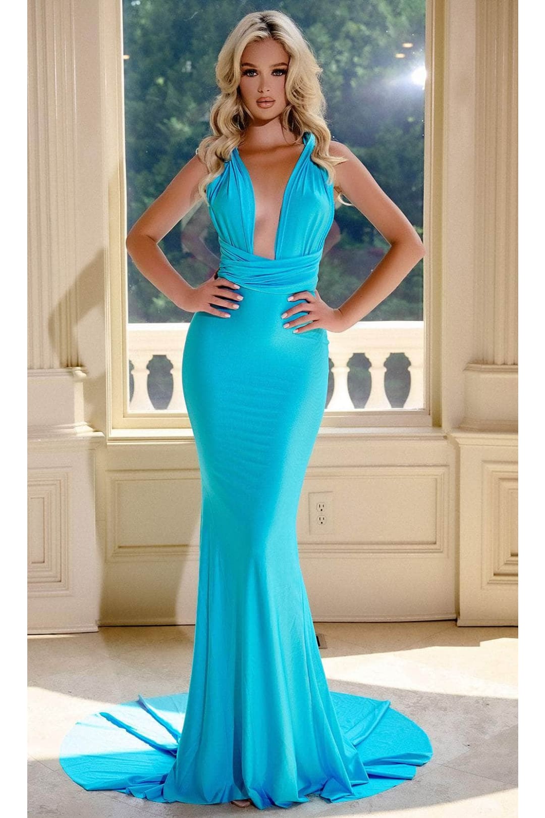 Portia and Scarlett PS24053X -long- Ruched Prom Dress with Plunging Neckline