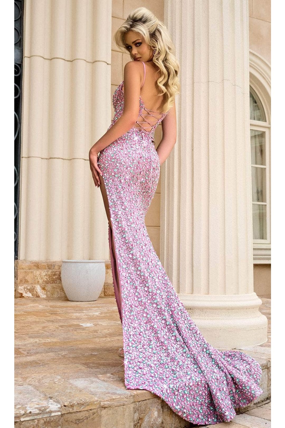 Portia and Scarlett PS24057 -long- Lace-Up Sequin Prom Dress