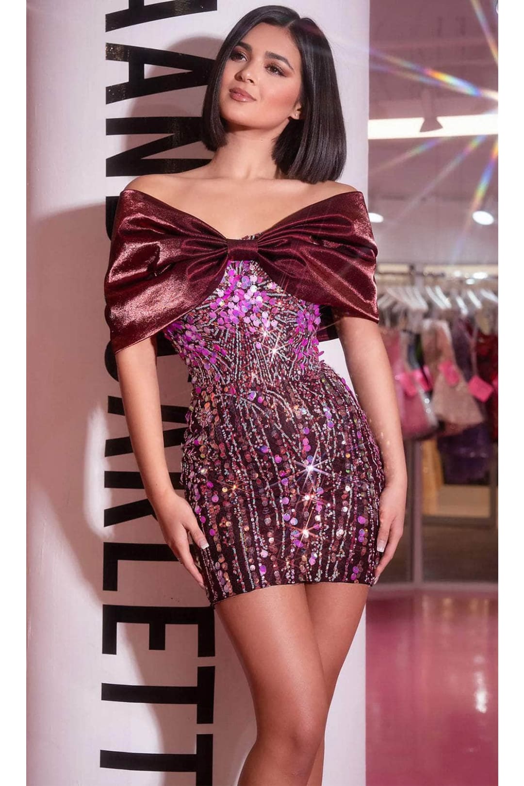 Portia and Scarlett PS24430 -short- Off-Shoulder Cocktail Dress with Bow Accent