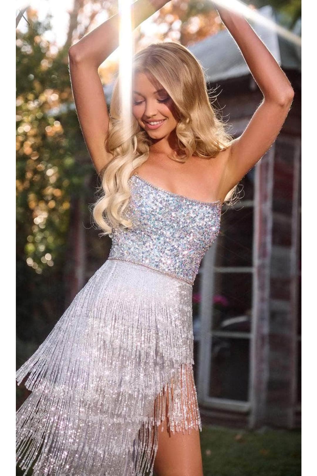 Portia and Scarlett PS24813 High Low Sequin Beaded Fringe Prom Dress