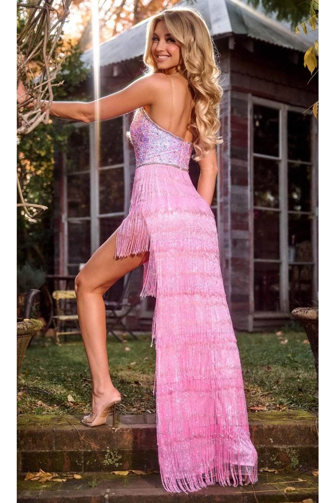 Portia and Scarlett PS24813 High Low Sequin Beaded Fringe Prom Dress