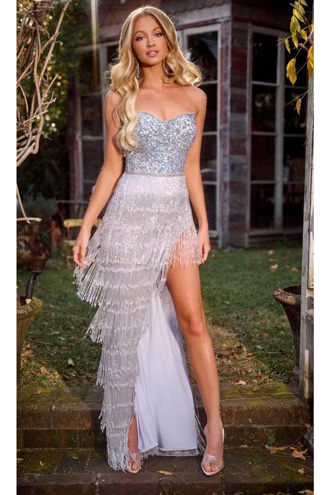 Portia and Scarlett PS24813 High Low Sequin Beaded Fringe Prom Dress
