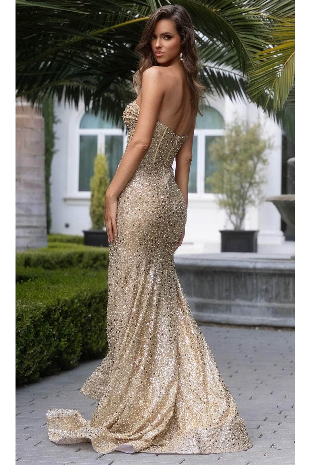Portia and Scarlett PS25190 Strapless Mermaid Allover Embellished Prom Dress