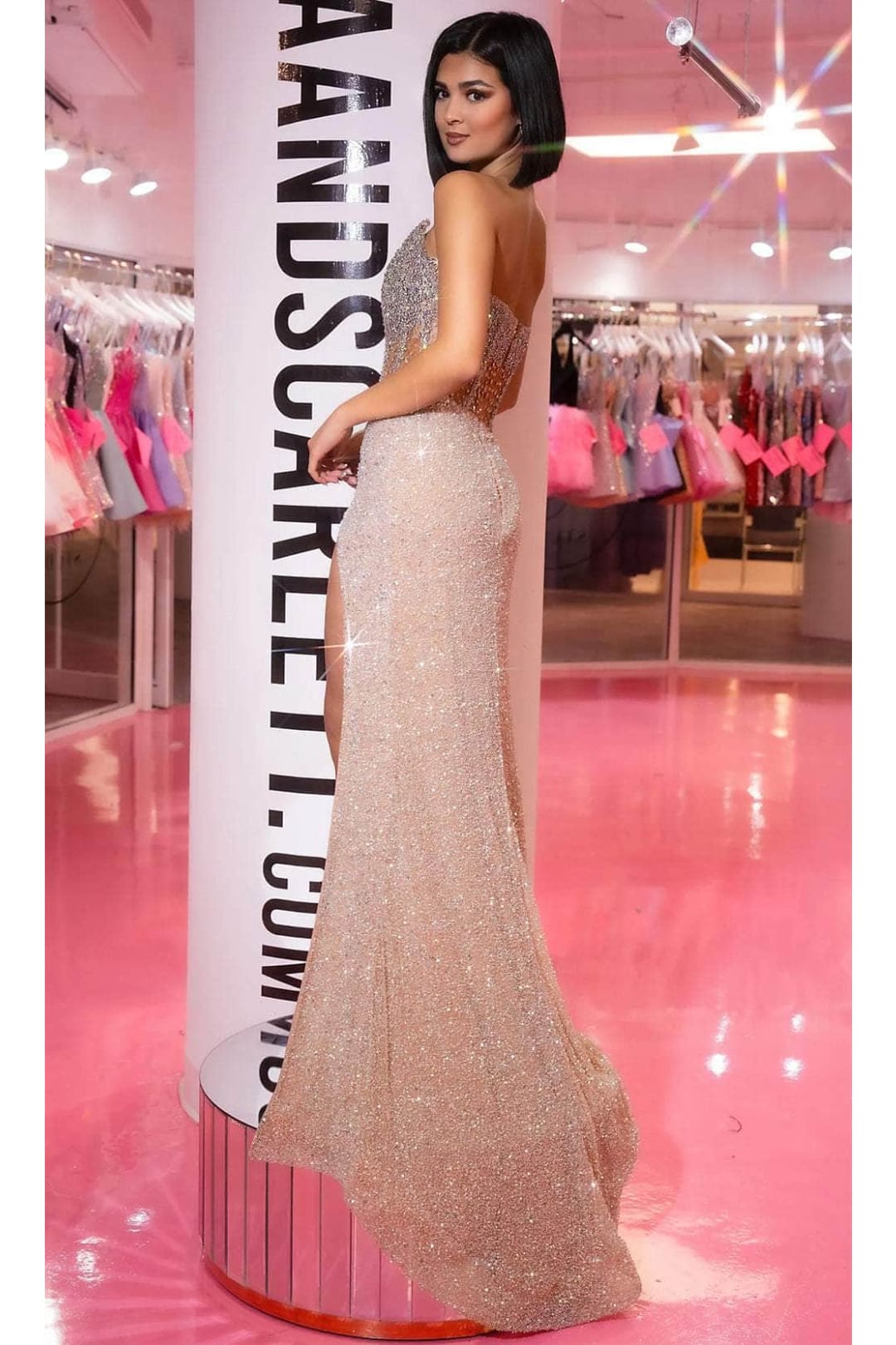 Portia and Scarlett PS25426C -long- Jeweled Evening Gown with Slit for a Dramatic Effect