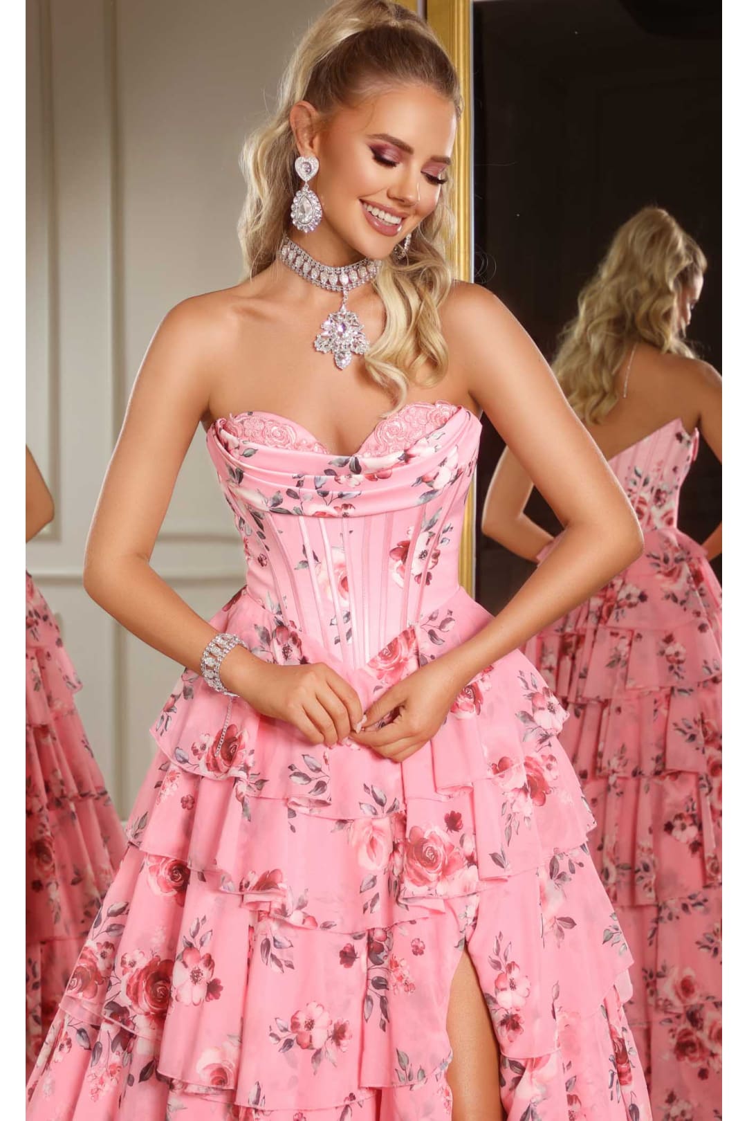 Portia and Scarlett PS25960 Floral Print Dress High Slit Formal Gown