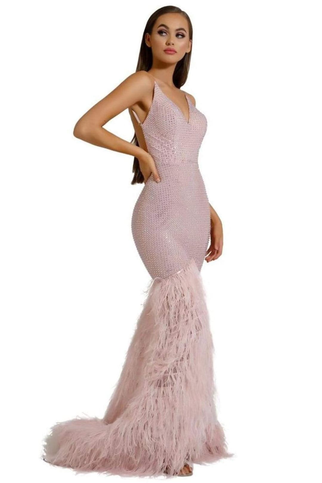 Portia and Scarlett PS6826 -long- V-Neck Feathered Dress