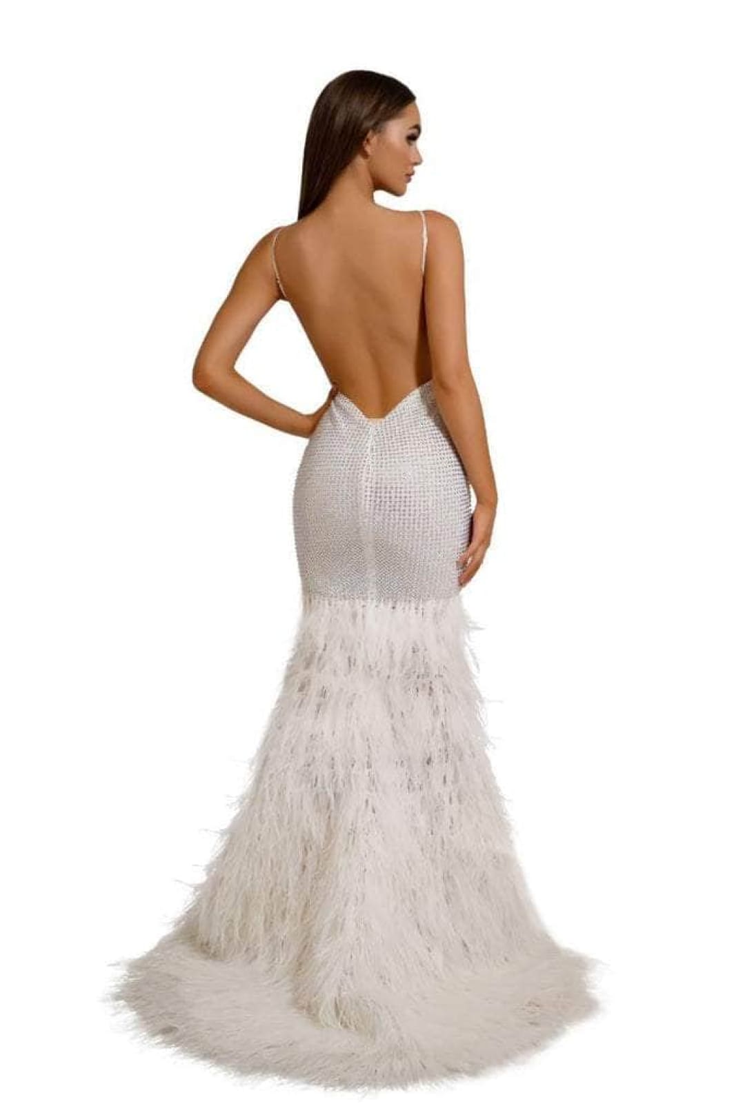 Portia and Scarlett PS6826 -long- V-Neck Feathered Dress